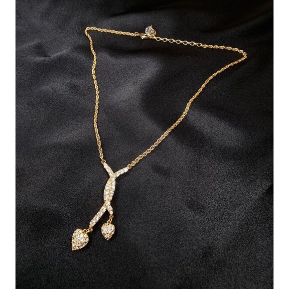 Vintage Swarovski Gold-Tone Necklace With Crystals & Heart Pendants - Picture 2 of 6